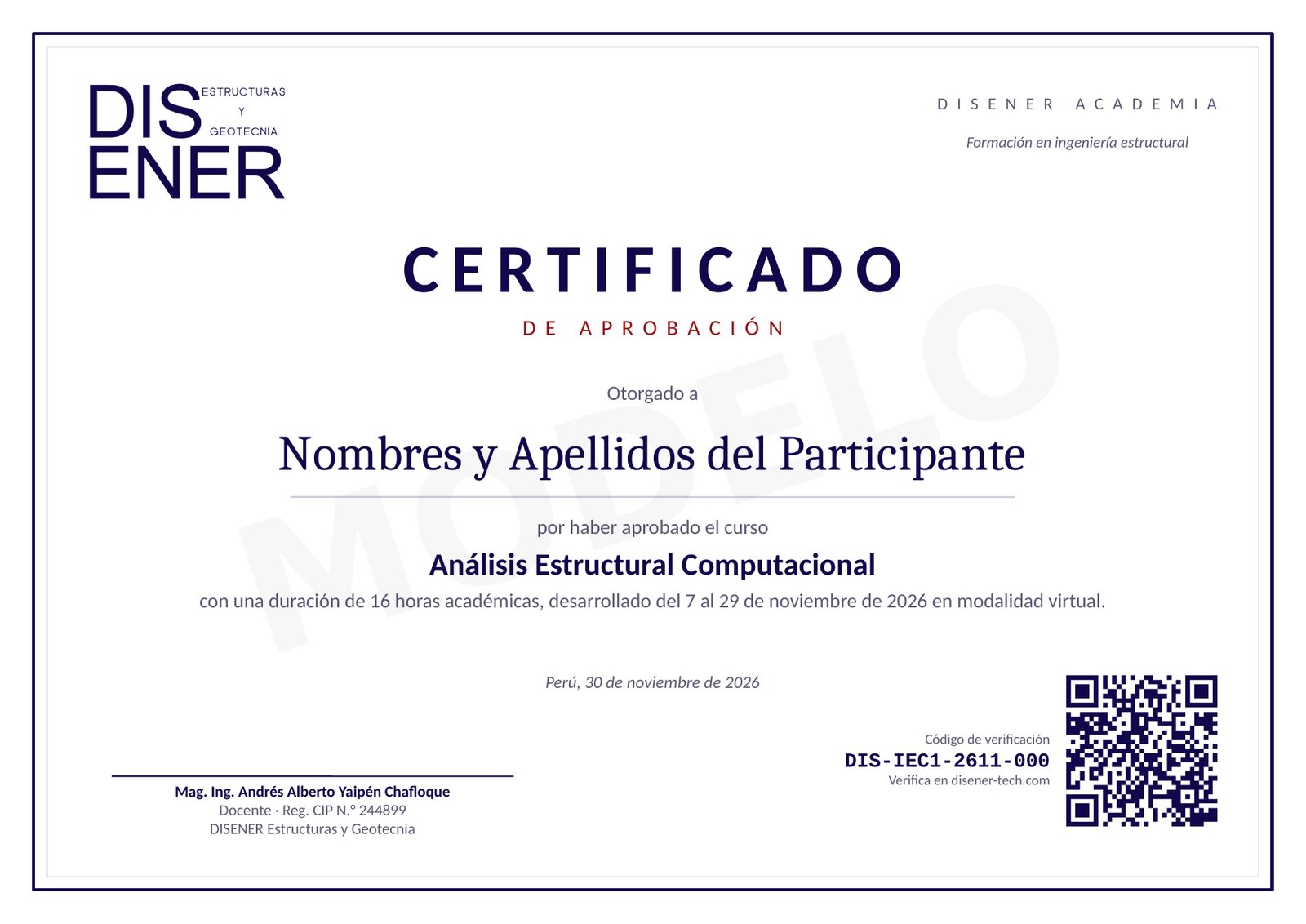 Modelo del certificado de aprobación de disenerTECH con código de verificación y código QR